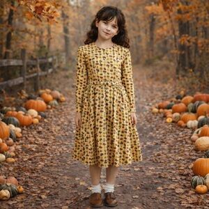 VTG 50s Henley Jr Girls Textured Veggie Long Sleeve Dress W/ Waist Sash Sz 8/10